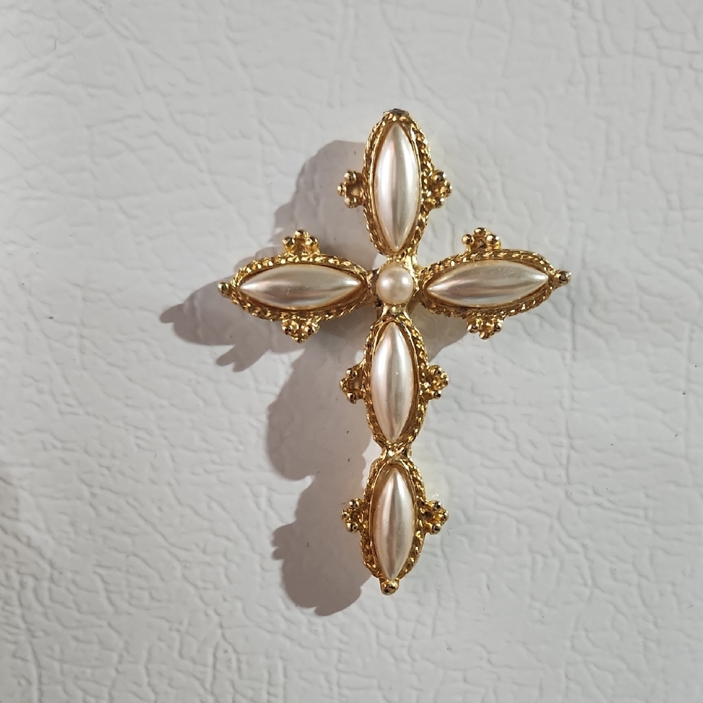 Handmade/Repurposed Elegant Gold and Pearl Cross Magnet